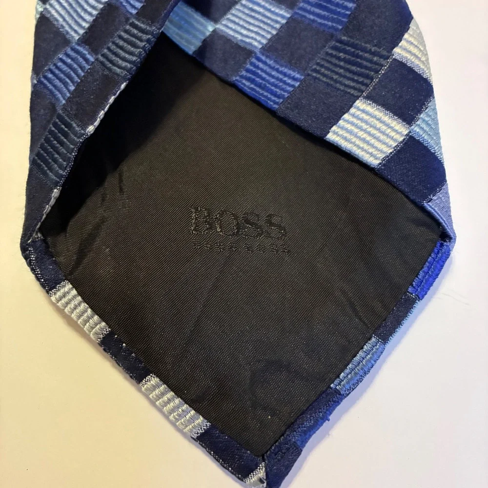 Boss Hugo Boss Silk Necktie Blue Checkered Geometric Made In Italy Blokecore 56